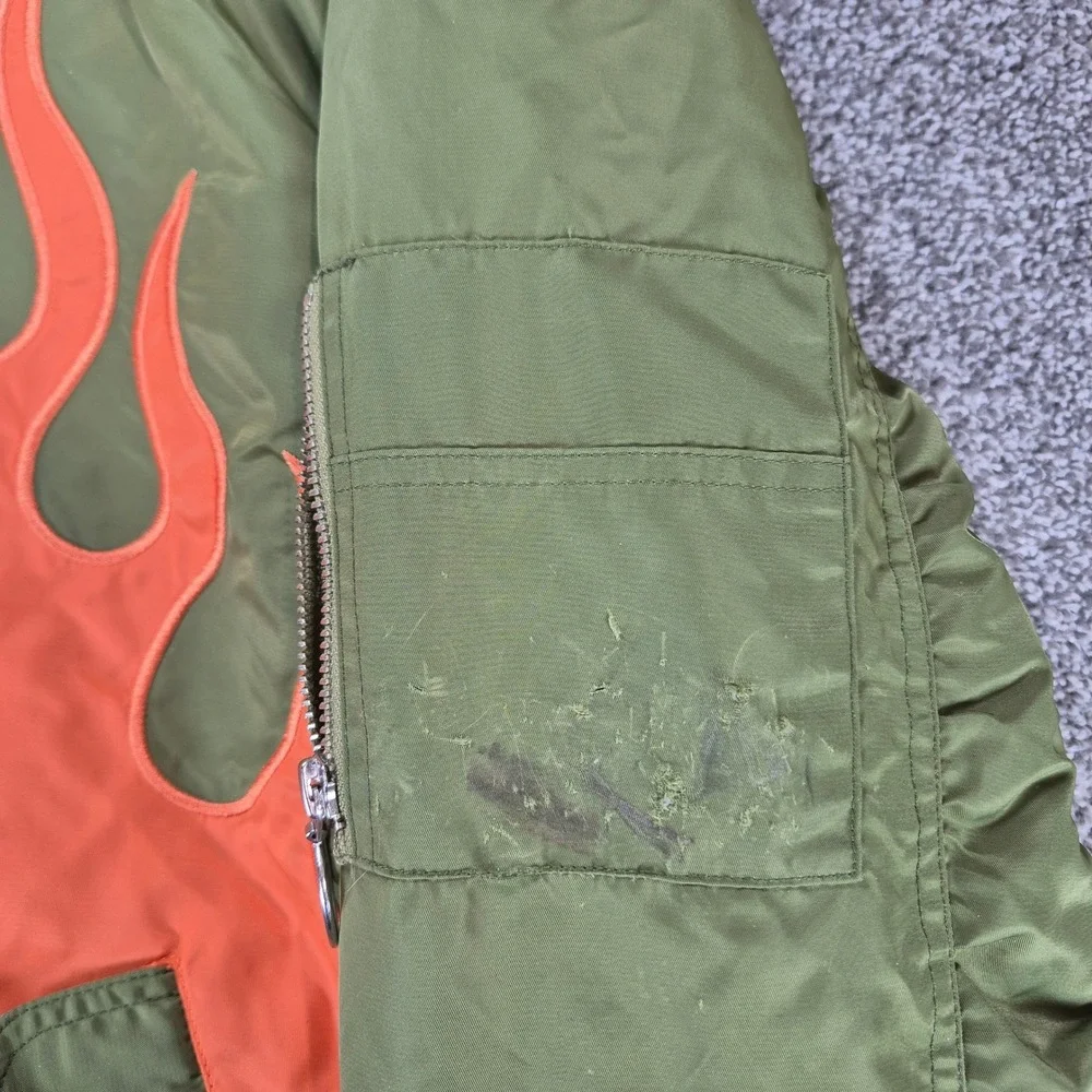 Teddy Fresh Bomber Jacket Mens XL Green Orange Flame‎ Print Streetwear